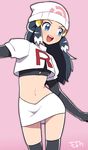  1girl blue_eyes blue_hair cosplay female hat hikari_(pokemon) midriff nintendo pokemon pokemon_(anime) pokemon_dppt skirt solo standing team_rocket team_rocket_(cosplay) 