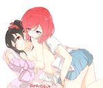  2girls araco black_hair blush breasts cover cover_page doujin_cover highres looking_at_viewer love_live!_school_idol_project multiple_girls nipples nishikino_maki purple_eyes red_eyes red_hair short_hair small_breasts star twintails yazawa_nico yuri 