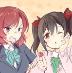  2girls araco black_hair blush breasts cover cover_page doujin_cover highres looking_at_viewer love_live!_school_idol_project multiple_girls nipples nishikino_maki purple_eyes red_eyes red_hair short_hair small_breasts star twintails yazawa_nico yuri 