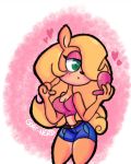  &lt;3 2019 anthro bandicoot bare_legs bare_shoulders black_nose blonde_hair blue_shorts blush breasts cleavage clothed clothing compact crash_bandicoot_(series) digital_media_(artwork) eyelashes eyeshadow female fur goat-nerd green_eyes hair hair_over_eye half-closed_eyes hand_mirror hi_res holding_object long_hair looking_at_mirror looking_at_viewer makeup mammal marsupial midriff mirror pink_tank_top shirt simple_background small_waist solo standing tan_fur tank_top tawna_bandicoot thick_thighs video_games wavy_hair wide_hips 