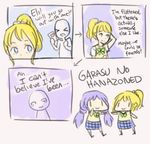  &gt;_&lt; ayase_eli blonde_hair blue_eyes bow chibi closed_eyes comic english hand_behind_head kirbym letter long_hair love_letter love_live! love_live!_school_idol_project low_twintails plaid plaid_skirt ponytail pun purple_hair skirt smile toujou_nozomi twintails very_long_hair wavy_mouth yuri |_| 