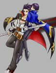  2boys arc_system_works artist_request ass bandage belt black_eyes black_hair blazblue blazblue:_central_fiction blazblue:_chronophantasma cape carrying gloves hibiki_kohaku huge_weapon kagura_mutsuki multiple_boys pants reverse_grip short_hair smile sword weapon yellow_eyes 