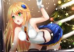  1girl against_glass arc_system_works artist_request bare_shoulders bent_over blazblue blonde_hair blush breast_press breasts christmas gloves green_eyes hair_ornament healther leaning leaning_forward long_hair necktie noel_vermillion open_mouth shiny shiny_hair skirt snow solo thighhighs tree window 
