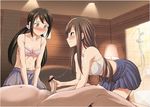  1boy 2girls abs bed black_hair blush bra brown_eyes brown_hair cum cum_in_mouth cum_string embarrassed erection fellatio hair_ornament hetero idolmaster idolmaster_cinderella_girls lamp long_hair mizumoto_yukari multiple_girls nakano_yuka navel oral penis pubic_hair saliva shower skirt smile takemasa underwear watching 