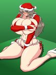  artist_request blue_eyes blush breast_hold breasts covering covering_breasts covering_crotch gigantic_breasts green_background grey_hair simple_background source_request 