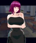  3d arm artificial_academy_2 bare_arms bare_shoulders black_dress breasts curvy dress female huge_breasts lilith-soft lipstick makeup oboro_(taimanin_asagi) purple_hair red_eyes red_lipstick shiny shiny_hair short_hair solo strapless strapless_dress taimanin_(series) taimanin_asagi taimanin_asagi_gaiden 