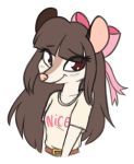  2017 aggie_(artist) anthro belt blush bow breasts brown_eyes brown_fur brown_hair clothed clothing didelphid digital_media_(artwork) english_text female fur hair kaytee long_hair looking_at_viewer mammal marsupial shirt simple_background small_breasts smile solo text white_background young 