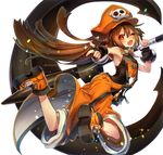  1girl anchor bare_shoulders black_gloves blush boots breasts brown_hair fingerless_gloves from_behind gloves guilty_gear hat long_hair looking_back may_(guilty_gear) one_eye_closed orange_eyes oro_(sumakaita) pirate pirate_hat pointing shorts sideboob skull_and_crossbones small_breasts smile solo wink 