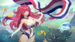  1girl absurdres ahoge azur_lane bangs bare_shoulders blush breasts bubble dated elbow_gloves eyebrows_visible_through_hair fang fish flag french_flag gloves green_eyes hair_ornament hand_up highres holding holding_flag huge_filesize large_breasts long_hair looking_at_viewer moonofmonster open_mouth red_hair sideboob signature sleeveless smile solo surcouf_(azur_lane) white_gloves 