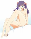  2girls arm_support barefoot blue_eyes feet full_body giantess hair_ornament holding long_legs minigirl multiple_girls noneto nude open_mouth purple_hair pussy sitting size_difference small_breasts smile twintails yuri 