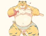  2009 anthro balls belly felid flaccid humanoid_hands male mammal moobs navel nipples overweight overweight_male pantherine penis simple_background solo tachiuo teeth tiger towel 