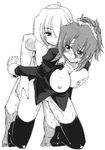  1girl ass ass_grab ayasaki_hayate breast_grab breasts collarbone folded_ponytail grabbing hayate_no_gotoku! highres kamino_ryuuya long_hair looking_back maid_headdress maria_(hayate_no_gotoku!) monochrome nipple_tweak nipples nude pussy_juice shirt_lift socks thighhighs 