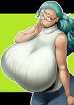  1girl :o bare_shoulders blue_eyes breasts dark_skin female gigantic_breasts glasses green_hair long_hair sasaki_tatsuya shiny_skin solo standing sweater 