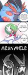  1girl 3boys blaziken blush gallade gardevoir mega_gallade mega_gardevoir mega_pokemon mega_swampert mgx0 multiple_boys nosebleed pokemon pokemon_(game) swampert 