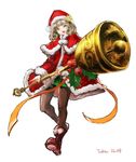  artist_name bell boots brown_hair brown_legwear christmas cloak commentary_request curly_hair dated green_eyes hat holding holding_bell holding_weapon holly long_hair looking_at_viewer open_mouth orange_ribbon original oversized_object pantyhose plaid plaid_skirt ribbon santa_costume santa_hat simple_background skirt star_hat_ornament toka_(marchlizard) weapon white_background 