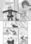  :d bed blush closed_eyes comic crescent crescent_moon_pin curtains directional_arrow eyebrows_visible_through_hair eyes_visible_through_hair floral_print fumizuki_(kantai_collection) greyscale hair_between_eyes kantai_collection long_hair long_sleeves looking_to_the_side low_twintails lying miniskirt monochrome multiple_girls nagasioo nagatsuki_(kantai_collection) notice_lines on_back on_side open_mouth outstretched_arms pillow revision rubbing_eyes satsuki_(kantai_collection) school_uniform serafuku shading_eyes skirt smile thighhighs translated twintails under_covers waking_another waking_up window zettai_ryouiki 