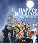  1girl 4boys abs antlers beak bottle cake car chocobo christmas dress english everyone final_fantasy final_fantasy_xv food gladiolus_amicitia ignis_scientia jacket lunafreya_nox_fleuret moon motor_vehicle multiple_boys night_sky noctis_lucis_caelum official_art plate present prompto_argentum riding santa_costume santa_hat scarf square_enix wine_glass 