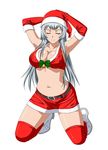  armpits belt bra breasts chouun_shiryuu cleavage closed_eyes collarbone elbow_gloves gloves hat ikkitousen large_breasts long_hair miniskirt navel over-kneehighs red_bra red_gloves red_hat red_skirt santa_bra santa_gloves santa_hat sideboob silver_hair simple_background skirt smile solo thighhighs underwear white_background 