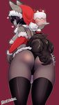  1girl ass brown_hair buried_frog cake christmas dog food furry santa_costume short_hair simple_background solo 