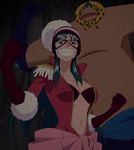  1girl blue_eyes blue_hair breasts gloves hamburg hat long_hair navel one_piece open_clothes open_shirt porche screencap shirt stitched 