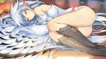  1girl ass earring feathers game_cg harpy haru_(monster_musume) long_hair lying monster_girl monster_musume_no_iru_nichijou monster_musume_no_iru_nichijou_online pointy_ears silver_hair solo wings yellow_eyes 