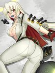  1girl ankh arc_system_works ass blonde_hair blush bodysuit breasts candy cleavage cleavage_cutout cross cross_necklace female from_behind gloves guilty_gear guilty_gear_xrd guilty_gear_xrd:_revelator halo jack-o_(guilty_gear) large_breasts long_hair looking_at_viewer multicolored_hair nuypiya_hehasuk open_mouth red_eyes red_hair skin_tight smile solo 