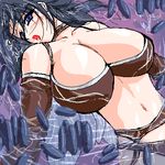  1girl antennae bikini black_hair blush breasts cleavage egg female gloves insect_girl large_breasts lowres monster_girl mosquito navel open_mouth se/ji seji_(hornet) short_hair solo straw suggestive_fluid swimsuit translation_request wings 