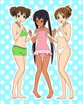  :d barefoot black_hair blue_background blush brown_eyes brown_hair hair_ribbon hirasawa_ui jophiel k-on! looking_at_another multiple_girls nakano_azusa open_mouth pinching ribbon simple_background smile suzuki_jun swimsuit tan twintails 