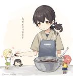  5girls apron bangs black_hair blue_ribbon bowl brown_eyes chibi chocolate commentary_request fairy_(kantai_collection) folded_ponytail green_kimono grey_apron hair_ribbon japanese_clothes kantai_collection kasuga_maru_(kantai_collection) kimono long_hair miniskirt multiple_girls remodel_(kantai_collection) ribbon simple_background skirt solo_focus spatula swept_bangs taiyou_(kantai_collection) translation_request twitter_username white_background yamashiki_(orca_buteo) 