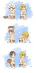  3koma :&gt; absurdres armin_arlert bath_stool bathing blonde_hair blue_eyes blush brown_hair bucket chibi comic eren_yeager green_eyes highres male_focus moxue_qianxi multiple_boys no_nipples nude pouring shingeki_no_kyojin soap stool struggling towel washing_hair wooden_bucket 