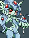  breasts cleavage digimon digimon_frontier fingerless_floves green_skin headgear looking_at_viewer monster_girl navel navel_cutout ranamon red_eyes smile water yutaagc 