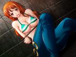  arms_behind_back bare_shoulders bdsm bikini_top bondage bound breasts cleavage denim female jeans kodamashi large_breasts legs long_hair looking_at_viewer nami_(one_piece) one_piece open_mouth orange_hair pants red_eyes rope shounen_jump sitting solo thighs underboob 