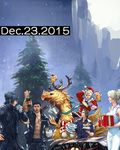  1girl 4boys abs antlers beak bottle cake car chocobo christmas dated dress everyone final_fantasy final_fantasy_xv food gladiolus_amicitia ignis_scientia jacket lunafreya_nox_fleuret motor_vehicle multiple_boys noctis_lucis_caelum official_art plate present prompto_argentum riding santa_costume santa_hat scarf square_enix wine_glass work_in_progress 