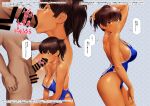  1boy 1girl arm_up bangs bar_censor bare_shoulders blue_swimsuit blush breasts brown_eyes brown_hair censored cleavage closed_mouth clothed_female_nude_male collarbone cross-laced_swimsuit erection fellatio hand_in_hair hetero highleg highleg_swimsuit highres hip_focus kaga_(kantai_collection) kantai_collection large_breasts long_hair looking_at_viewer multi-strapped_swimsuit multiple_views nude one-piece_swimsuit open_mouth oral penis sagging_breasts side_ponytail sideboob strap_gap swimsuit testicles thighs translation_request wa_(genryusui) yagasuri 