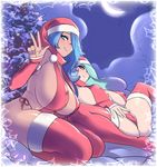  2girls :&gt; aqua_hair blue_eyes blue_hair breasts cameltoe celestia_(my_little_pony) christmas christmas_tree cleavage curvy erect_nipples eyeshadow hair_over_one_eye huge_breasts lipstick long_hair looking_at_viewer luna_(my_little_pony) lying makeup maniacpaint moon multiple_girls my_little_pony my_little_pony_friendship_is_magic on_back personification purple_eyes santa_hat sideboob sitting sling_bikini smile spread_legs thick_thighs v wide_hips 