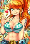  alternate_hairstyle beads bikini_top breasts cleavage gold heart kenron_toqueen licking_lips long_hair looking_at_viewer money nami_(one_piece) necklace one_piece orange_hair shounen_jump solo tongue_out wink 