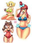  3girls bel_(pokemon) bikini blonde_hair breasts cleavage curvy fuuro_(pokemon) gym_leader kenron_toqueen multiple_girls poke_ball pokemon pokemon_(game) pokemon_bw pokemon_xy sana_(pokemon) stomach swimsuit thigh_gap topknot wide_hips 