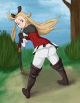  1girl ahoge armor armored_dress ass blonde_hair blue_eyes boots bow bravely_default:_flying_fairy breasts edea_lee from_behind hair_bow katana ksa leaning leaning_forward long_hair looking_back outdoors pantyhose sheathed sky smile solo sword weapon 