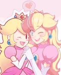  2girls animated animated_gif blonde_hair crown dress dual_persona earrings happy jewelry mario_&amp;_luigi mario_&amp;_luigi:_paper_jam mario_(series) multiple_girls one_eye_closed open_mouth paper_mario pink_dress princess_peach puffy_sleeves sally_(luna-arts) simple_background smile spoken_heart super_mario_bros. white_gloves wink 