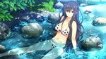  1girl akabei_soft bare_arms bare_legs bare_shoulders bikini black_eyes black_hair breasts female game_cg highres large_breasts legs long_hair looking_at_viewer navel nibutani_kako partially_submerged river sitting smile solo sorairo_innocent swimsuit thighs unasaka_ryou water wet 