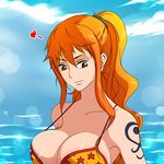  1girl bikini breasts cleavage large_breasts long_hair nami_(one_piece) one_piece orange_hair ponytail rannero strap_gap swimsuit tattoo 