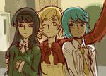  3girls akemi_homura black_hair blonde_hair blue_eyes blue_hair casual gold_eyes long_hair mahou_shoujo_madoka_magica miki_sayaka multiple_girls purple_eyes self_shot short_hair sketch tomoe_mami twintails vividgrim 