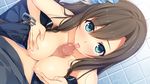  1girl akabei_soft aqua_eyes areolae bare_arms bare_shoulders belt blush breast_squeeze breasts brown_hair censored clothed_male_nude_female fellatio game_cg highres licking long_hair looking_at_viewer mosaic_censoring nipples no_bra oral paizuri penis side_ponytail sitting solo_focus sorairo_innocent spread_legs sweat tongue tongue_out tsukigase_mahiru unasaka_ryou 