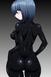  1girl artist_request ass blue_eyes blue_hair blush bodysuit breasts from_behind huge_ass latex latex_suit looking_at_viewer mimizu_(tokagex) original shiny shiny_clothes shiny_hair short_hair skin_tight solo spandex thigh_gap wide_hips 