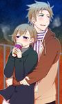  2boys aina123 ainaryumu axis_powers_hetalia blonde_hair coat coffee denmark_(hetalia) drinking hug multiple_boys night norway_(hetalia) scarf smile yaoi 