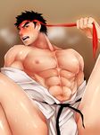  1boy abs bara blush bulge male_focus male_hand muscle pecs penis ryuu_(street_fighter) street_fighter sweat tagme undressing yaoi 