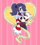  1girl bare_shoulders blue_skin blush detached_collar detached_sleeves hair_over_one_eye heart leviathan_(skullgirls) red_eyes side_ponytail skullgirls squigly_(skullgirls) stitched_mouth stitches striped_sleeves teatime_(mike) zombie 