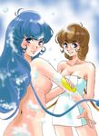  2girls bathing blue_eyes blue_hair blush breasts brown_hair choujikuu_seiki_orguss emaan glasses lieea long_hair maaie multiple_girls mutant nipples nude orguss prehensile_hair ranpu soap towel 