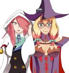  arc_system_works artist_request blazblue blazblue:_central_fiction blonde_hair blush breasts cosplay costume_switch dress embarrassed glasses gradient_hair green_eyes hair_over_one_eye hair_ribbon hat konoe_a_mercury konoe_a_mercury_(cosplay) long_hair looking_at_viewer multicolored_hair multiple_girls open_mouth orange_eyes parted_lips pink_hair ribbon simple_background trinity_glassfield trinity_glassfield_(cosplay) upper_body witch witch_hat 