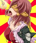  1girl bag blindfold breasts chopsticks frills hair_ornament jacket red_hair rose_(tales) tales_of_(series) tales_of_zestiria tongue tongue_out 